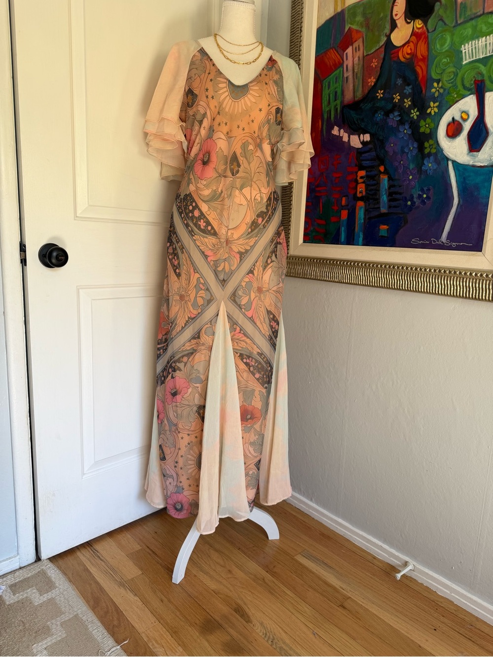 137~ NWT Free People Peach Floral Boho Maxi Dress with Flutter Sleeves $228